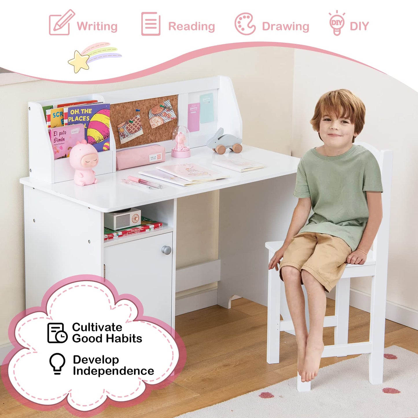 Kids Desk and Chair Set, Wooden Children Study Table with Storage Cabinet, Cork Board