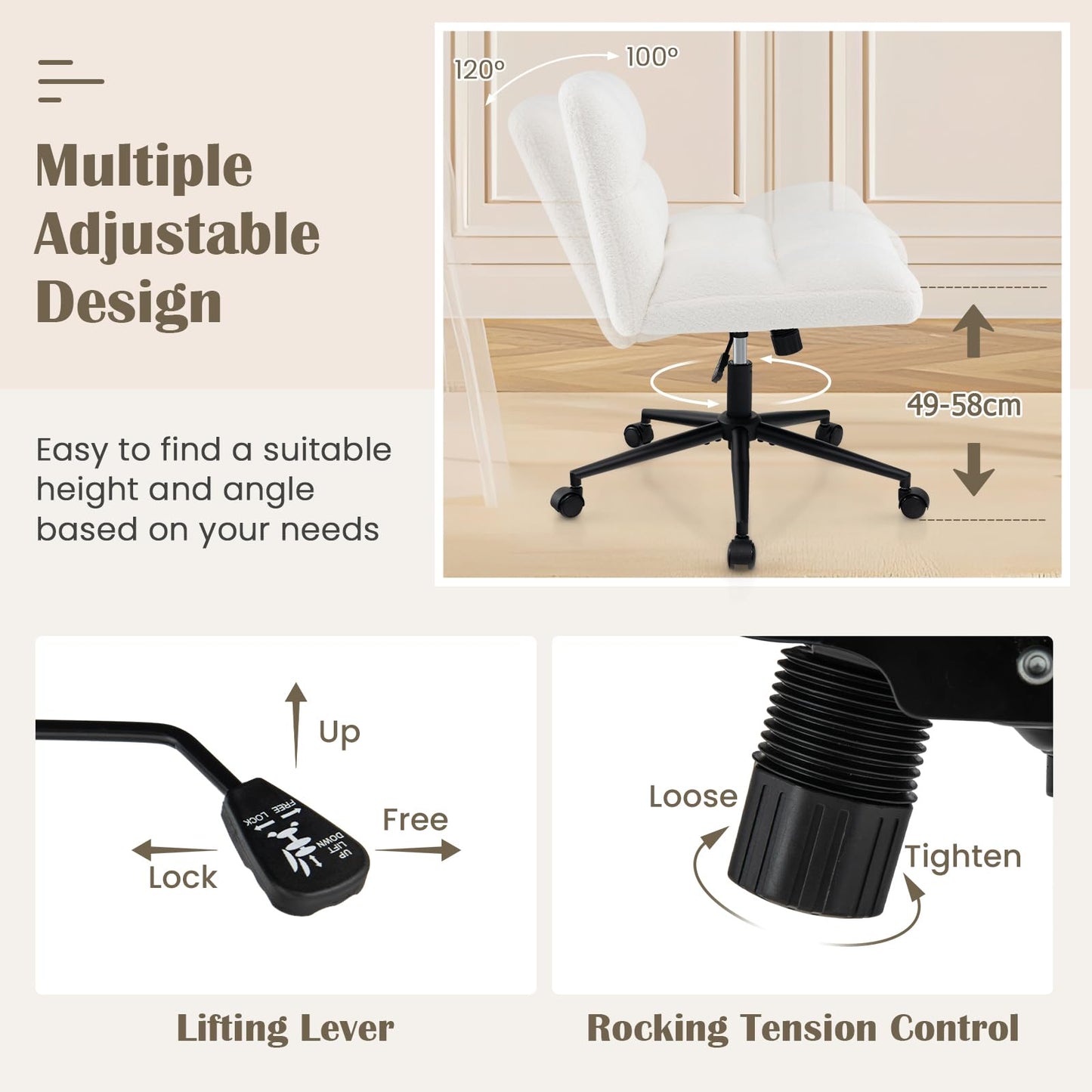 Faux Fur Office Chair, Height Adjustable Swivel Computer Desk Chair with Wide Seat, with Wheels