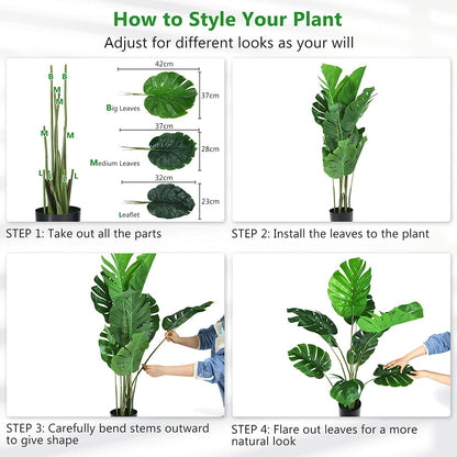 GiantexUK 1/2PCS Artificial Monstera Plants, Fake Decorative Trees with Cement Pot and 10 PEVA Leaves