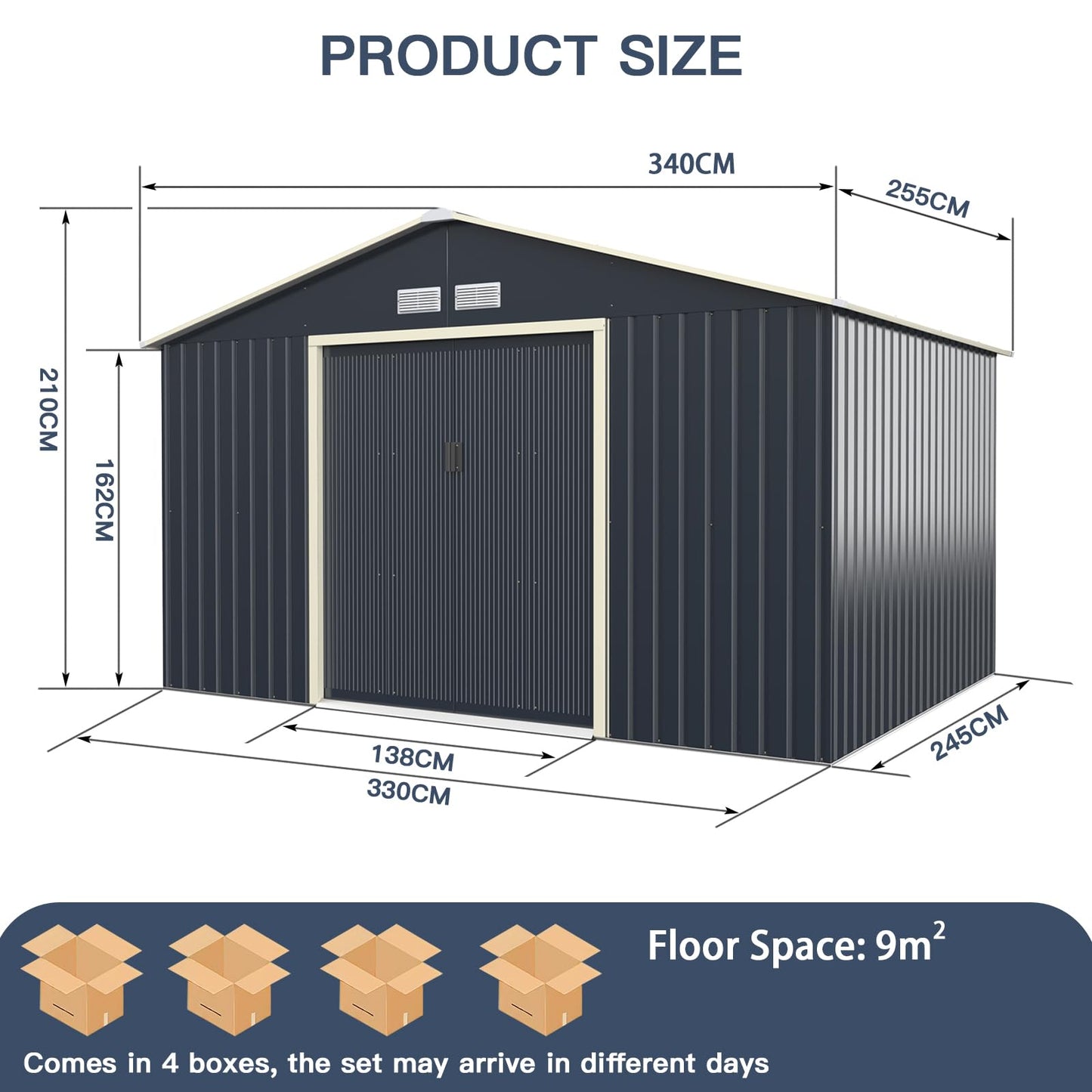 GiantexUK 11x8FT Metal Garden Shed, Outdoor Galvanized Storage House with 4 Vents & Lockable Sliding Doors