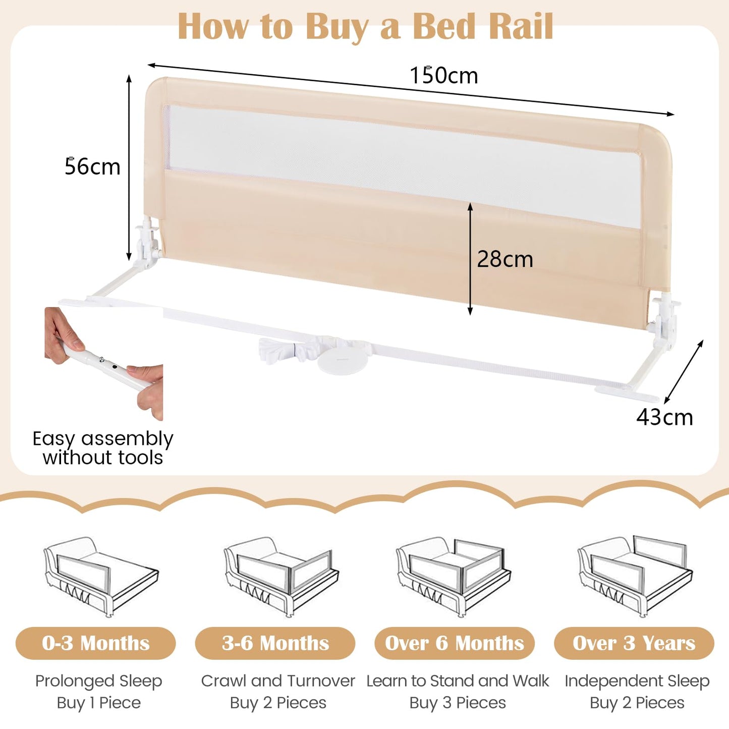 Bed Rail, 150cm Extra Long Toddler Safety Protection Guard, Folding Anti-Fall Beds Mesh Guardrail for Baby Kids