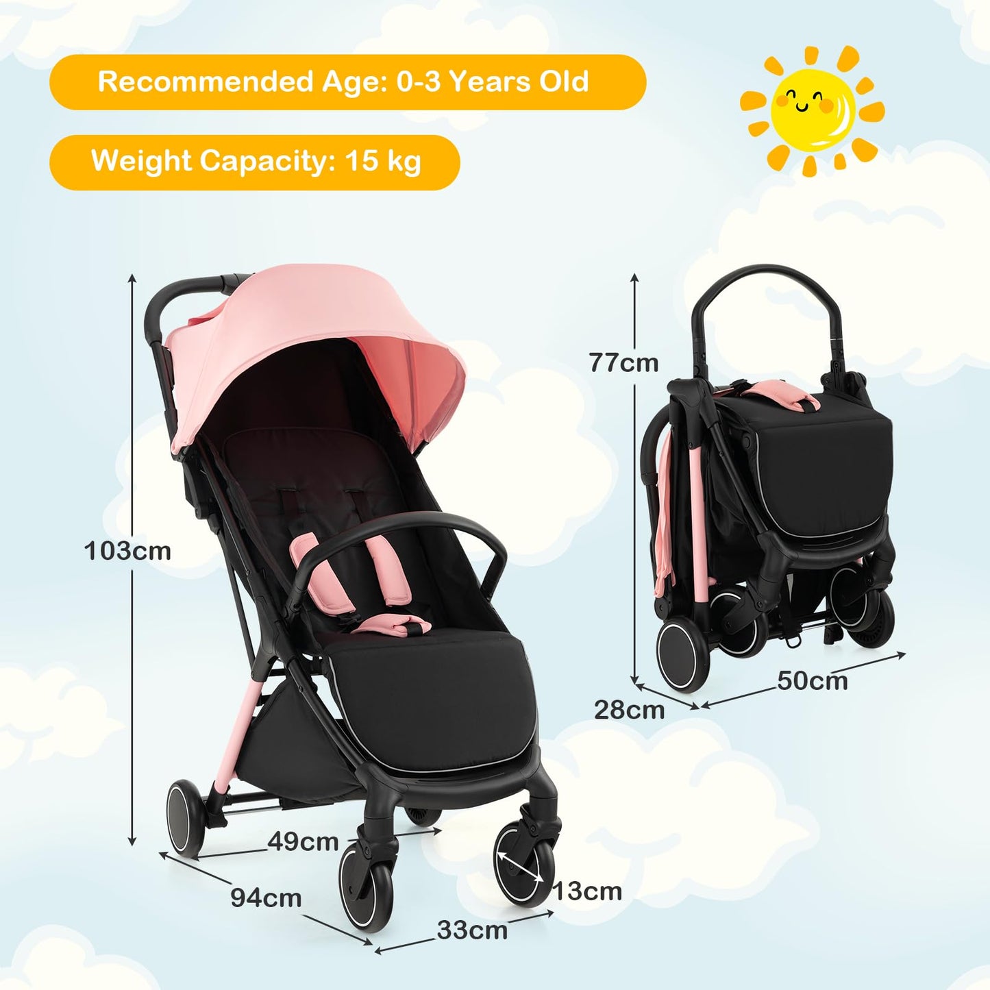 Baby Stroller, Protable Travel Buggy with Detachable Seat Cover, 5-Point Harness, Adjustable Canopy(Pink)