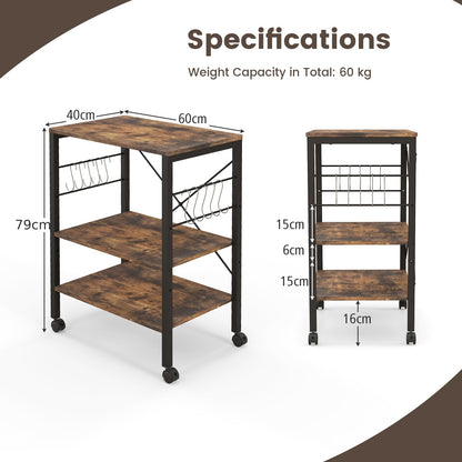 GiantexUK Kitchen Baker's Rack, 3 Tier Serving Cart Microwave Stand with Lockable Wheels & 10 Hooks(2 Adjustable Shelves)