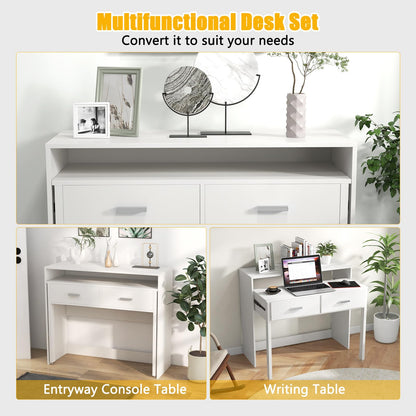 Extending Computer Desk, Wooden Study Writing Desk PC Laptop Table with 2 Storage Drawers