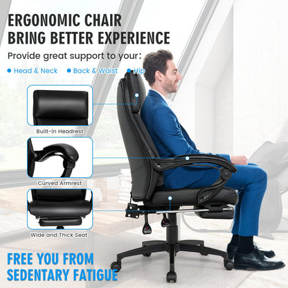 Ergonomic High-Back Office Chair, Rolling Executive Desk Chair with Retractable Footrest & Built-In Lumbar Support