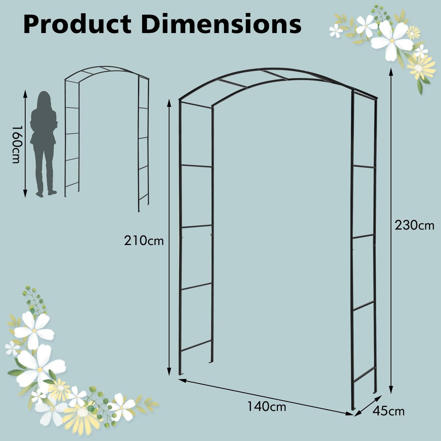 GiantexUK Metal Garden Arch, 2.3M Heavy Duty Trellis Pergola Arbour with 4 Ground Anchors