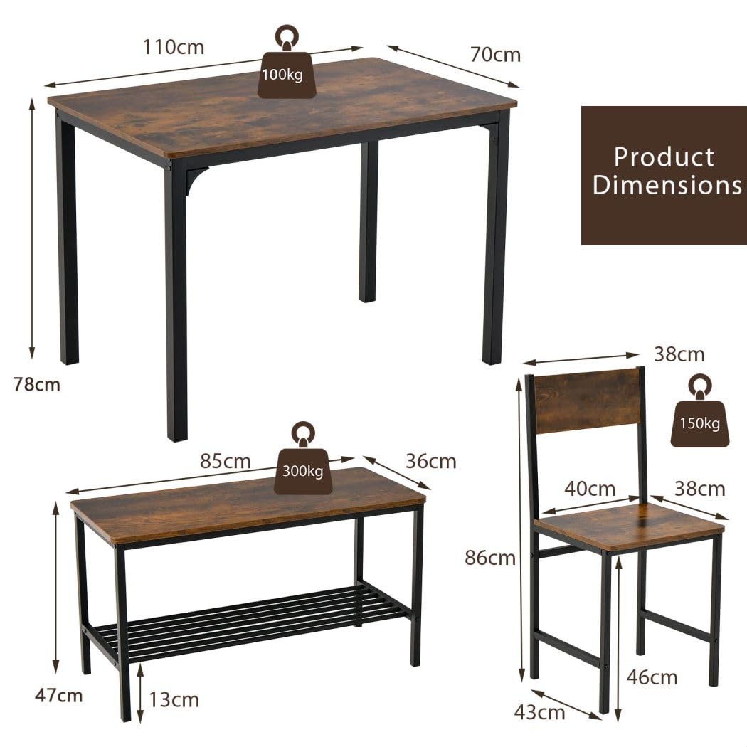 GiantexUK Dining Table and 2 Chairs with Bench, 4PCS Wooden Dining Room Set with Storage Rack