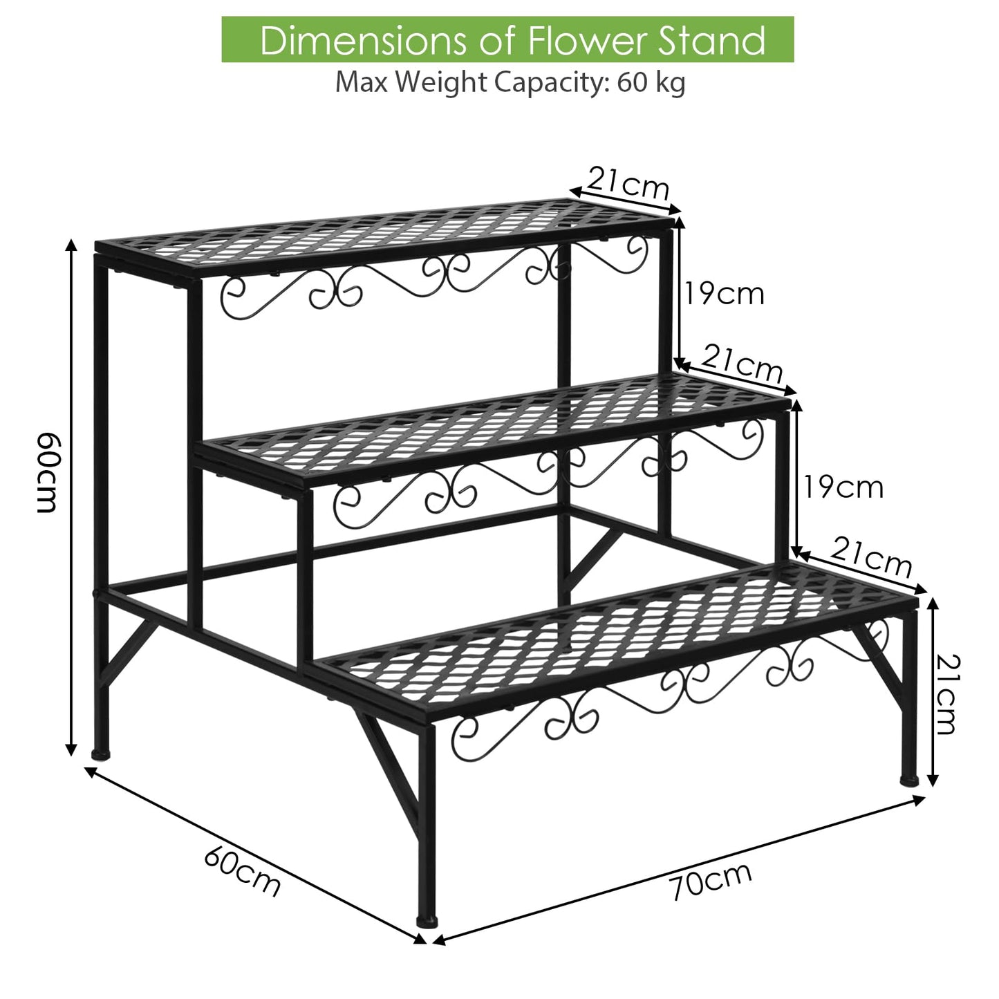 GiantexUK 3-Tier Metal Plant Stand, Ladder Shelf Flower Pot Holder (70 x 60 x 60cm)