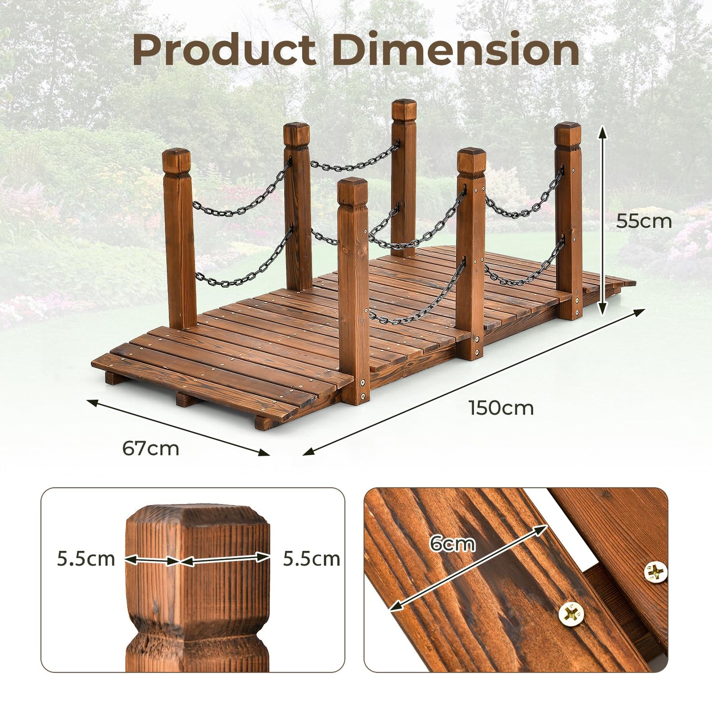 GiantexUK 1.5M Wooden Garden Bridge (Chain Railings, Brown)