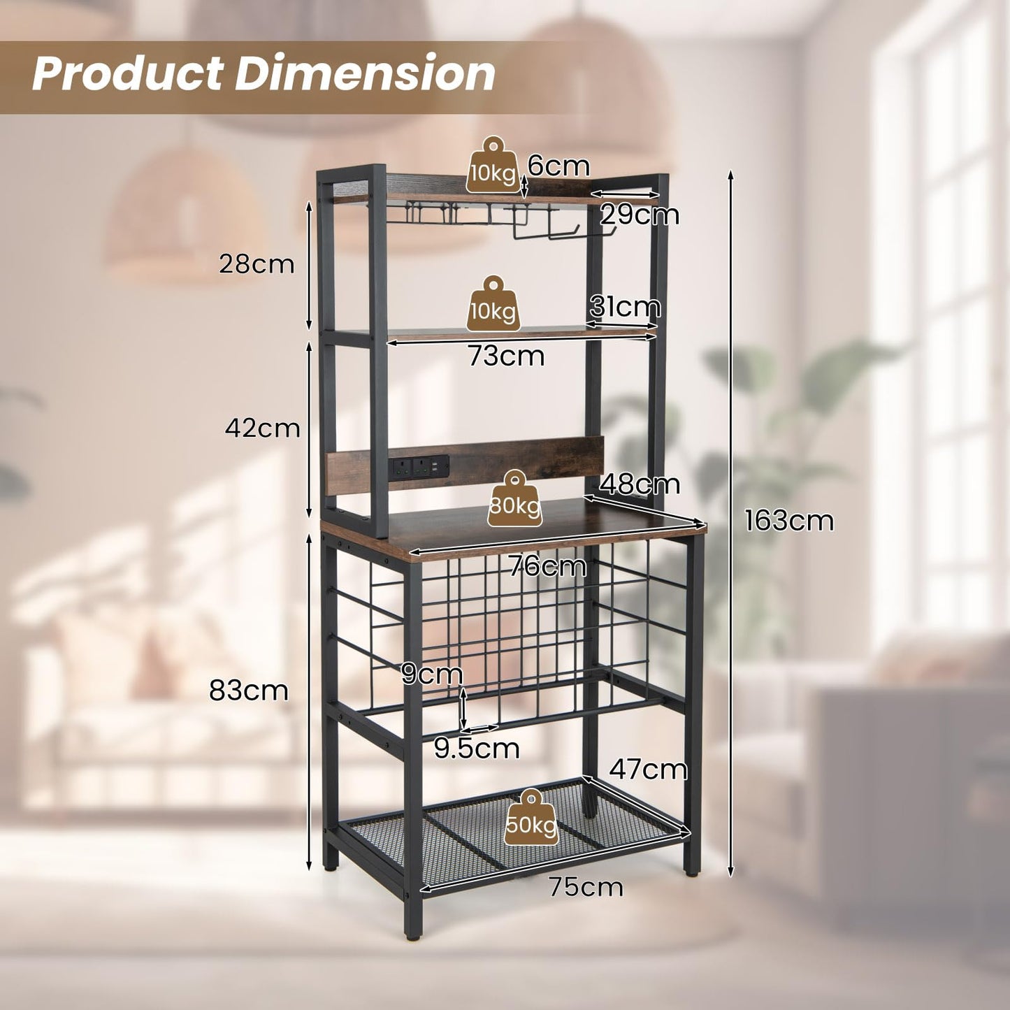 GiantexUK 24 Bottles Wine Rack, 4-Tier Wine Bar Cabinet with Power Outlets, Glass & Cup Holders, Adjustable Feet & Anti-Tipping Device