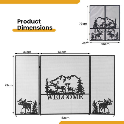 GiantexUK 3-Panel Folding Fire Guard, Heavy Duty Metal Mesh Fireplace Screen (Moose Pattern, 132x79cm)