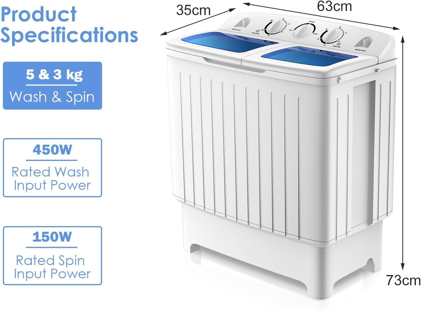 GiantexUK Twin Tub Washing Machine, 8KG Compact Washing Machine and Spin Dryer Combo with Timer Control & Drain Pipe