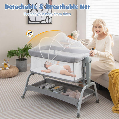 4-in-1 Baby Bedside Crib, Heights Adjustable Rocking Bassinet with Mattress, Detachable Net