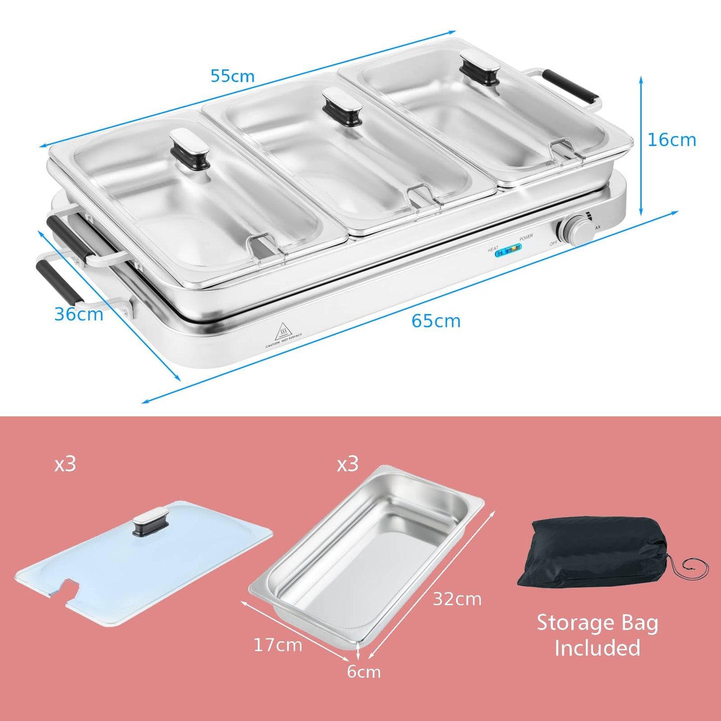 GiantexUK 450W Electric Buffet Server, Stainless Steel Temperature Adjustable Food Warmer with 3x2.5L Removable Sections