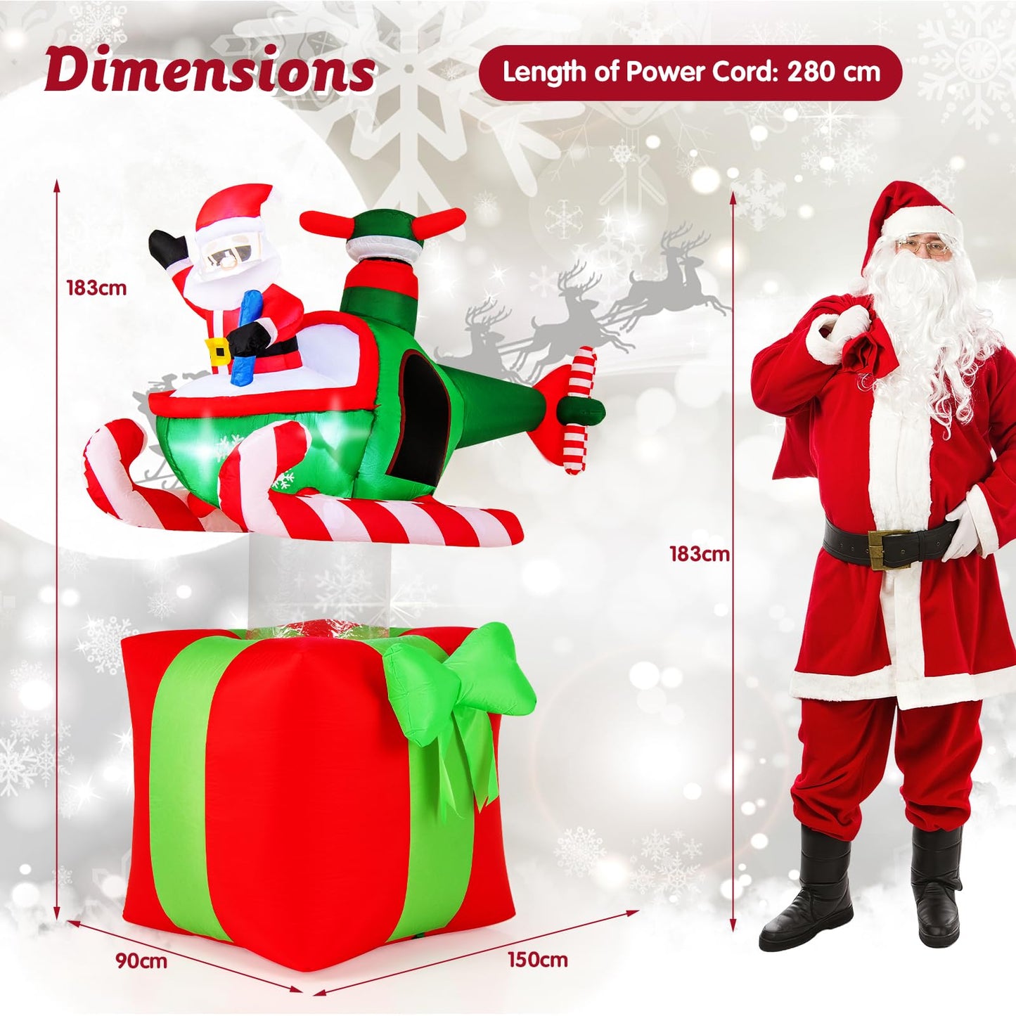 183cm Christmas Santa Claus with Helicopter on Gift Box, Blowup Santa Flying Airplane with 3 LED Lights