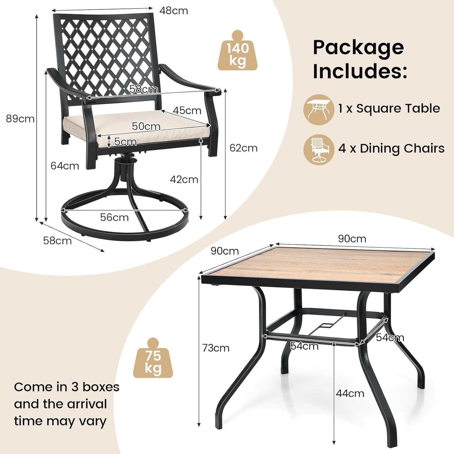 GiantexUK Patio Dining Set, Metal Garden Table and Chairs Set with with 90cm Square Table, 4 Swivel Chairs & Removable Cushions