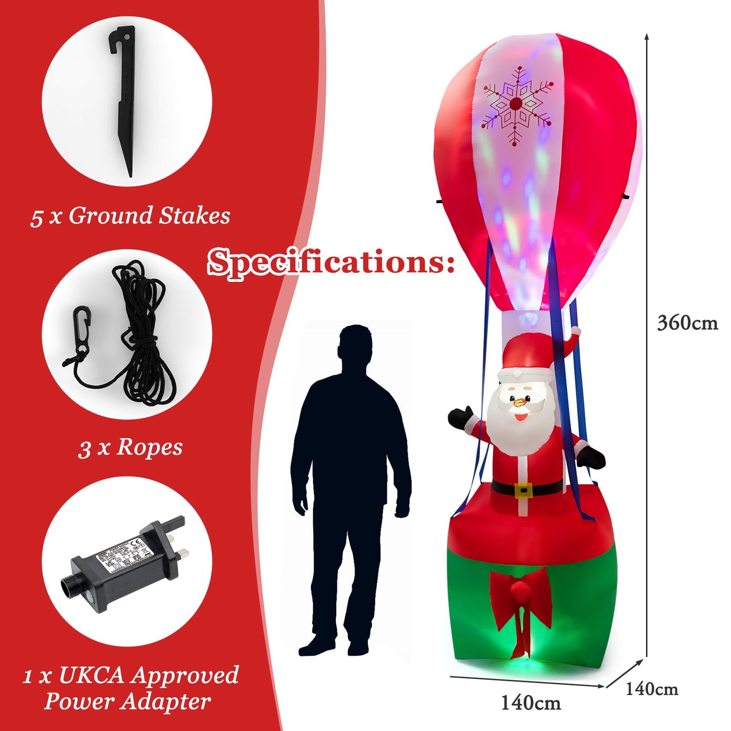 12FT Christmas Santa Claus, Xmas Hot Air Balloon Decoration with LED Lights