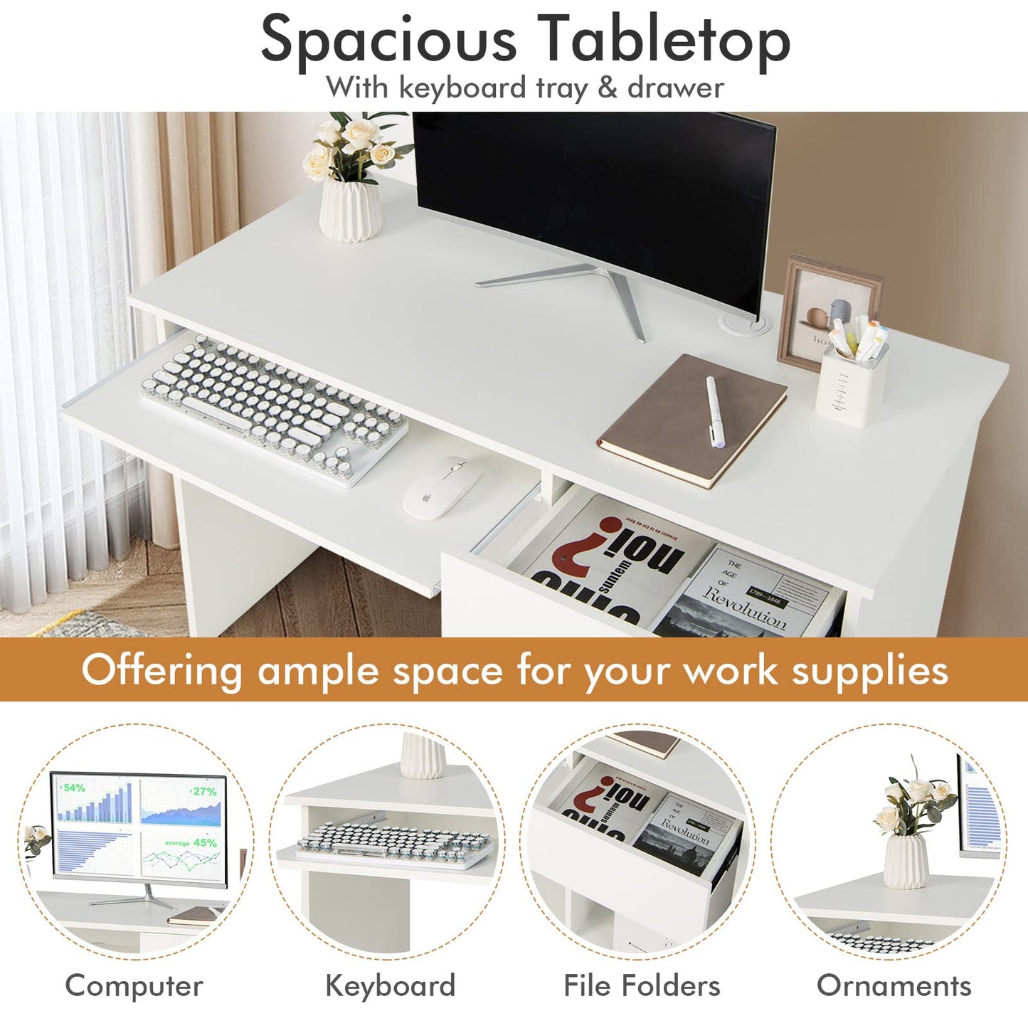 Computer Desk, Wooden PC Laptop Table Writing Workstation with Sliding Keyboard Tray, White