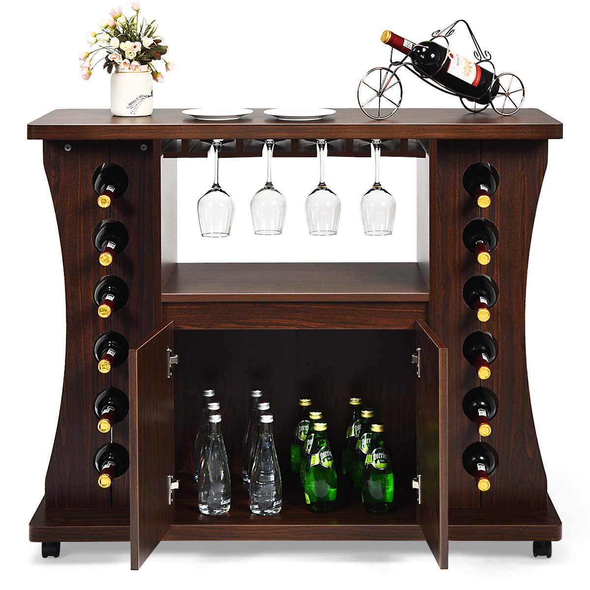 GiantexUK Wine Cabinet, Wooden Vintage Alcohol Cabinet with Glass Rack and 5 Casters