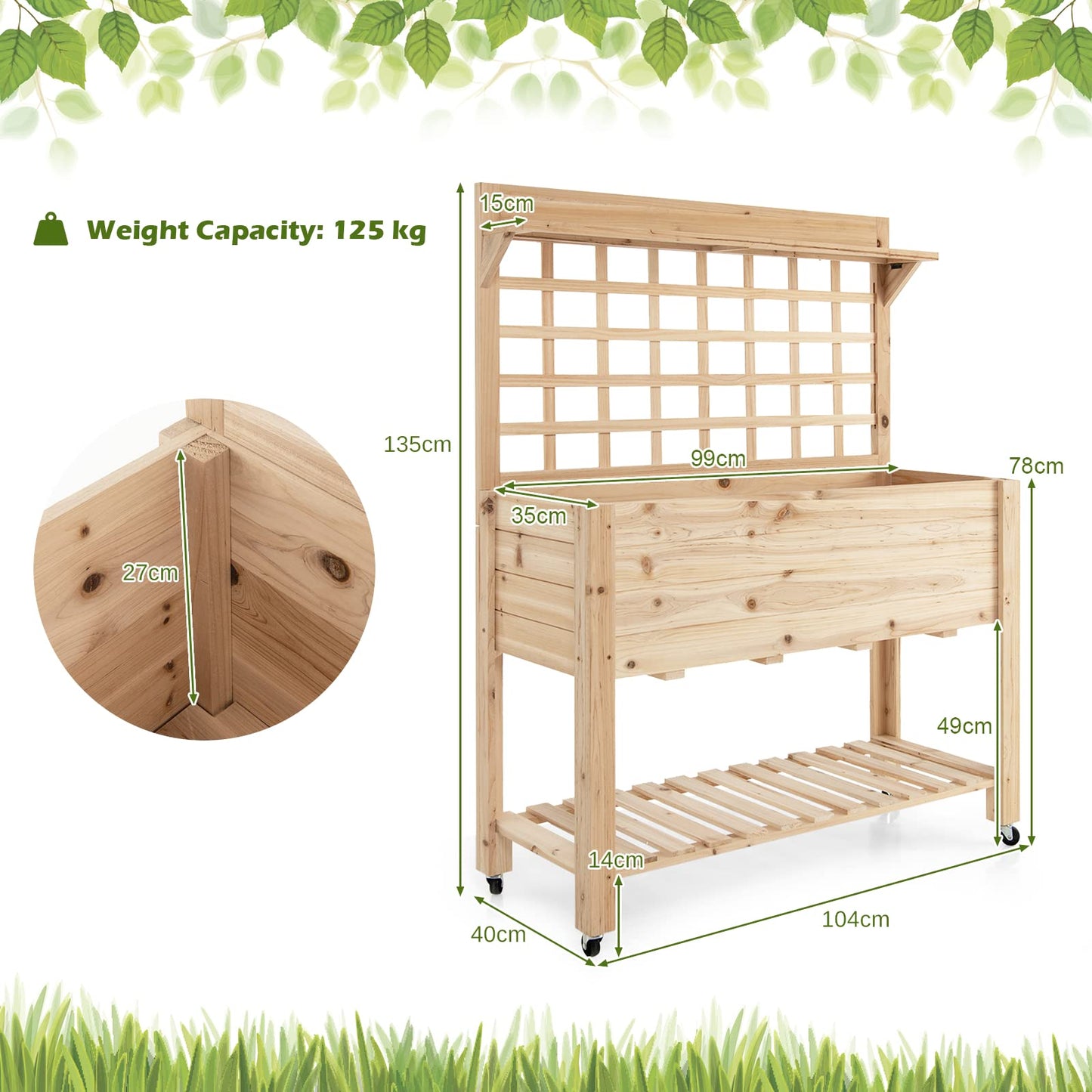 GiantexUK Raised Garden Bed with Trellis, Wood Elevated Planter Box with Liner, Wheels & Storage Shelf (104x40x135cm, with Wheels)