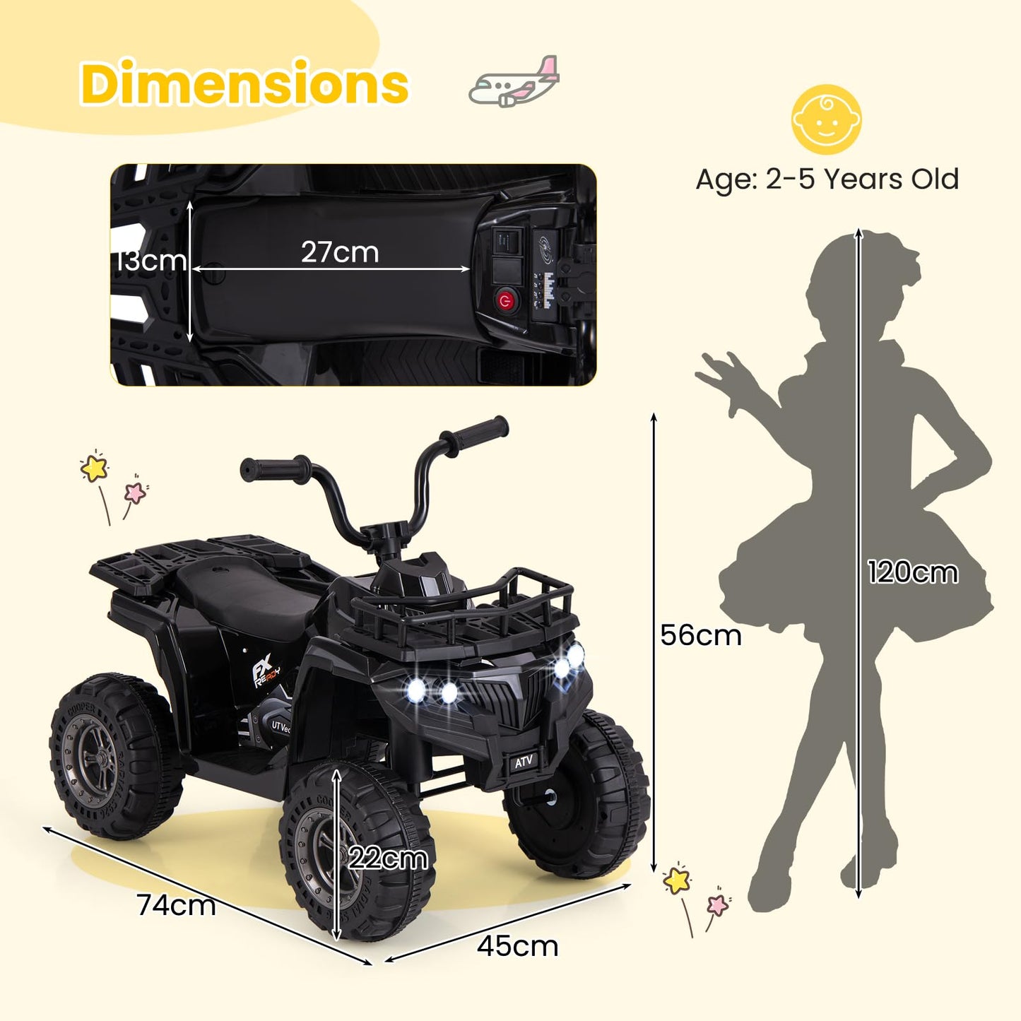 6V Kids Electric Ride on ATV Car, Battery Powered Quad Bike with One-Button Start, LED Lights, MP3, Storage Basket