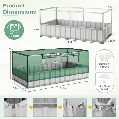 GiantexUK Raised Garden Bed with Greenhouse, 2-in-1 Galvanized Metal Rectangular Planter Box with PE Cover & Roll-up Zipper Window