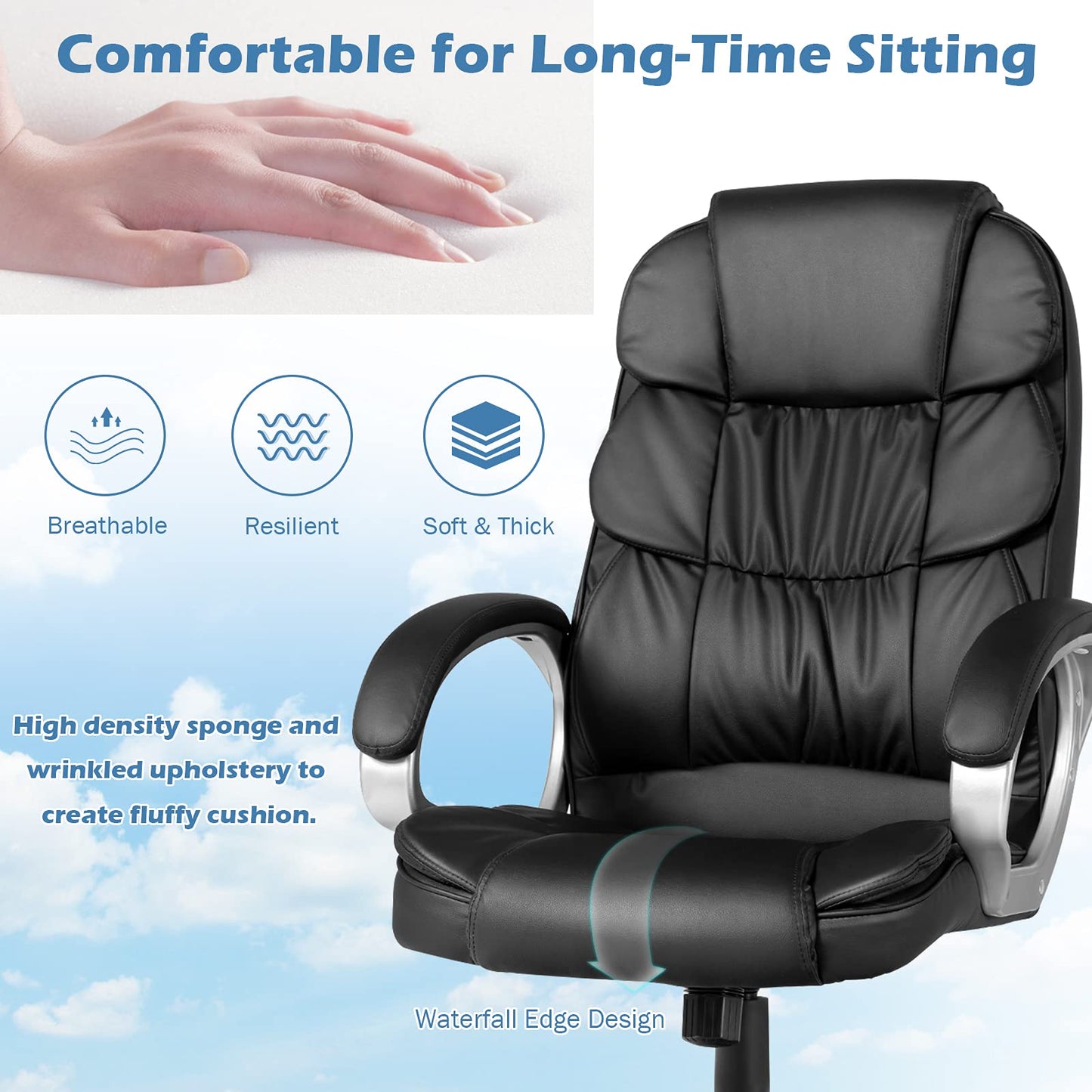 Executive Office Chair, Upholstered Height Adjustable Ergonomic Computer Desk Chair, PU Leather High Back Swivel Task Chair for Home Office