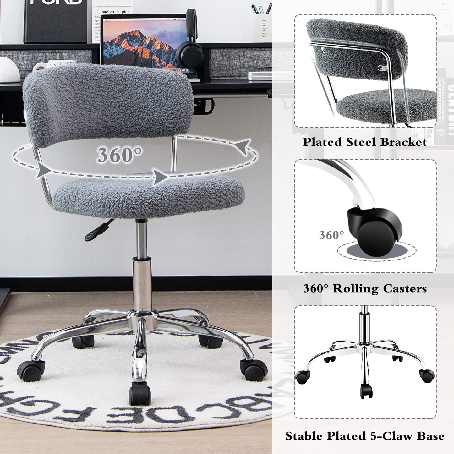 Faux Fur Office Chair, Height Adjustable Swivel Computer Desk Chair with Rolling Casters