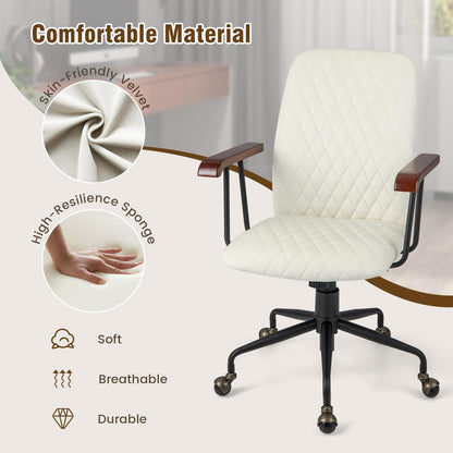 Velvet Office Chair, Ergonomic Swivel Computer Desk Chair with Rubber Wood Armrests