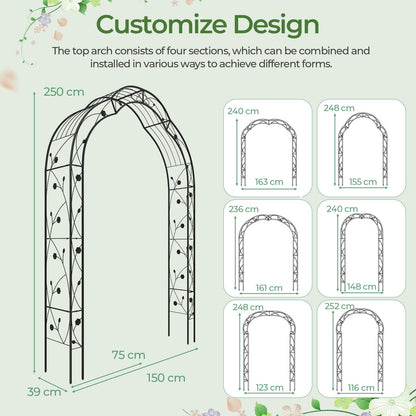 GiantexUK 2.5M Metal Garden Arch, Heavy Duty Pergola Trellis Arbour with 2 Half-side Arches