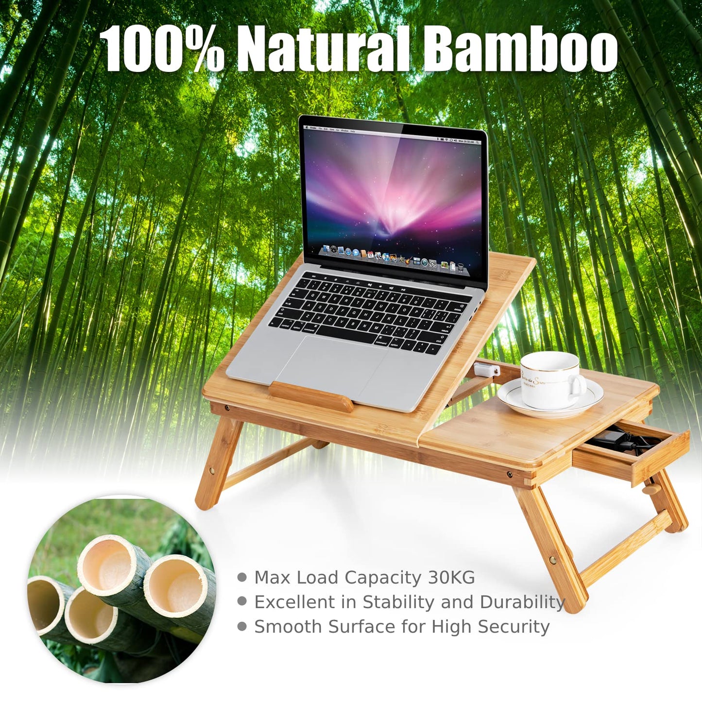 Bamboo Laptop Stand for Bed, Folding Adjustable Laptop Tray Bed Table with Tilting Top