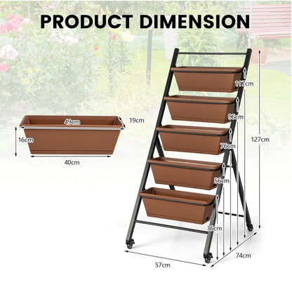 GiantexUK Raised Garden Bed, 5 Tier Vertical Ladder Planter with 5 Removable Trays, Wheels & Drain Holes (with Wheels, Brown, 57 x 74 x 127cm)