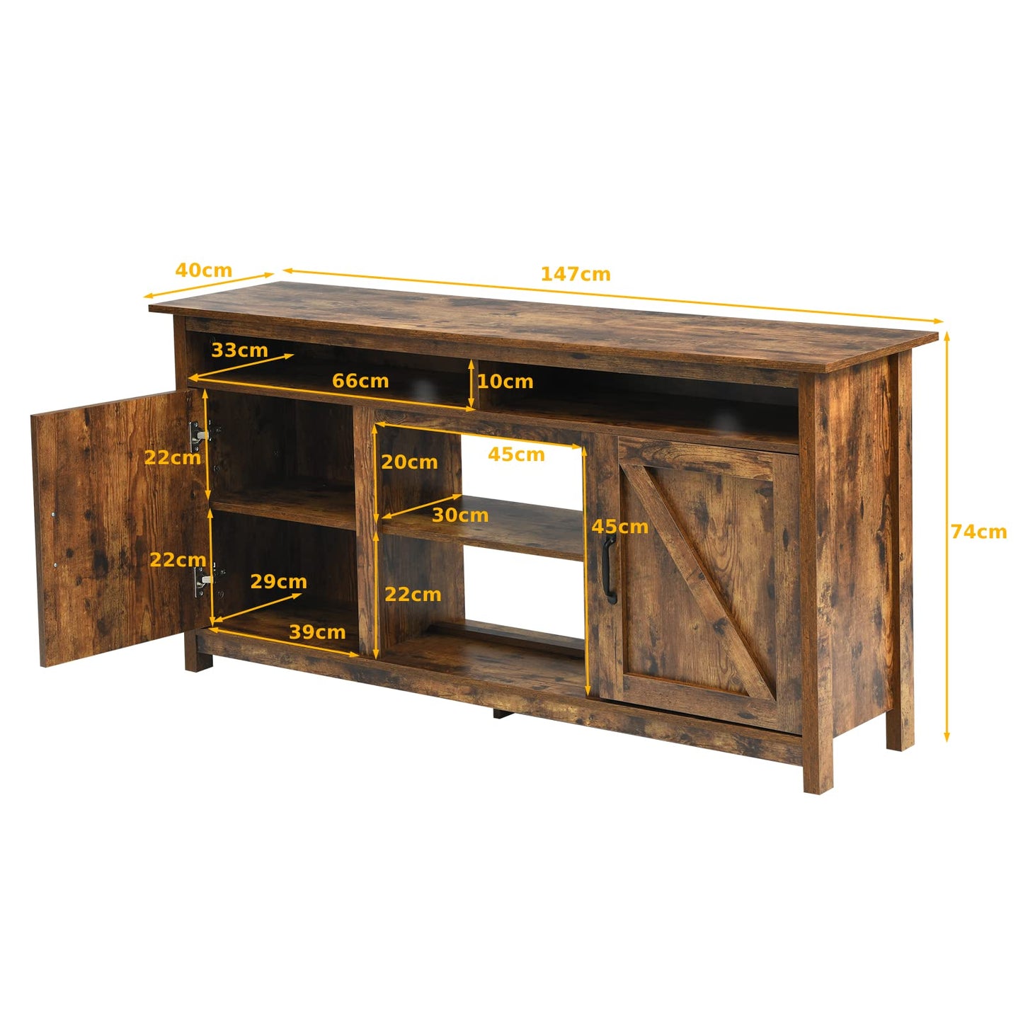 Farmhouse TV Stand for TVs up to 65", Wooden TV Cabinet Media Entertainment Center with Barn Doors & Open Shelf