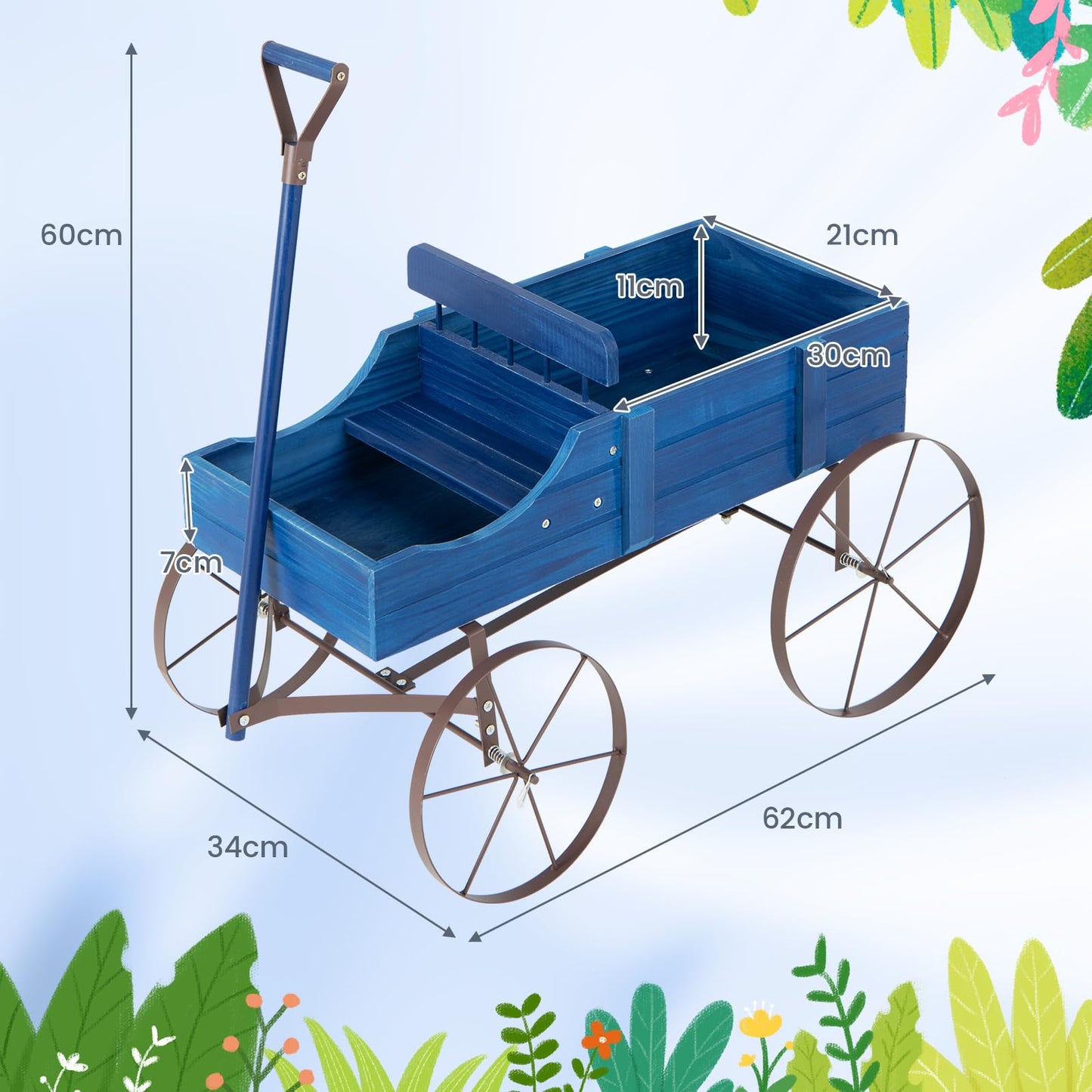 GiantexUK Wooden Wagon Garden Planter, Flower Cart with Long Handle and Flexible Wheels