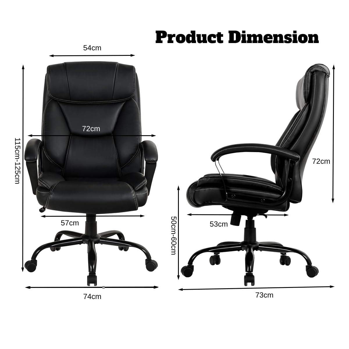 500LBS Big & Tall Executive Office Chair, Height Adjustable Leather Computer Desk Chair with Rocking Backrest & Arms, Home Office Ergonomic Swivel Task Chair