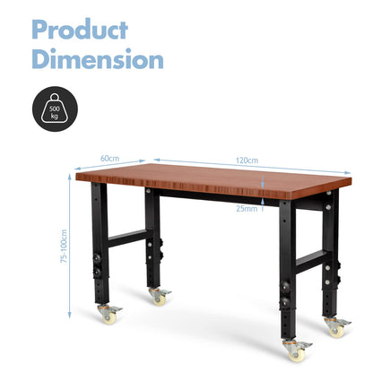 GiantexUK Adjustable Workbench, Bamboo Top Heavy-duty Work Bench with 10-level Heights and 4 Lockable Wheels