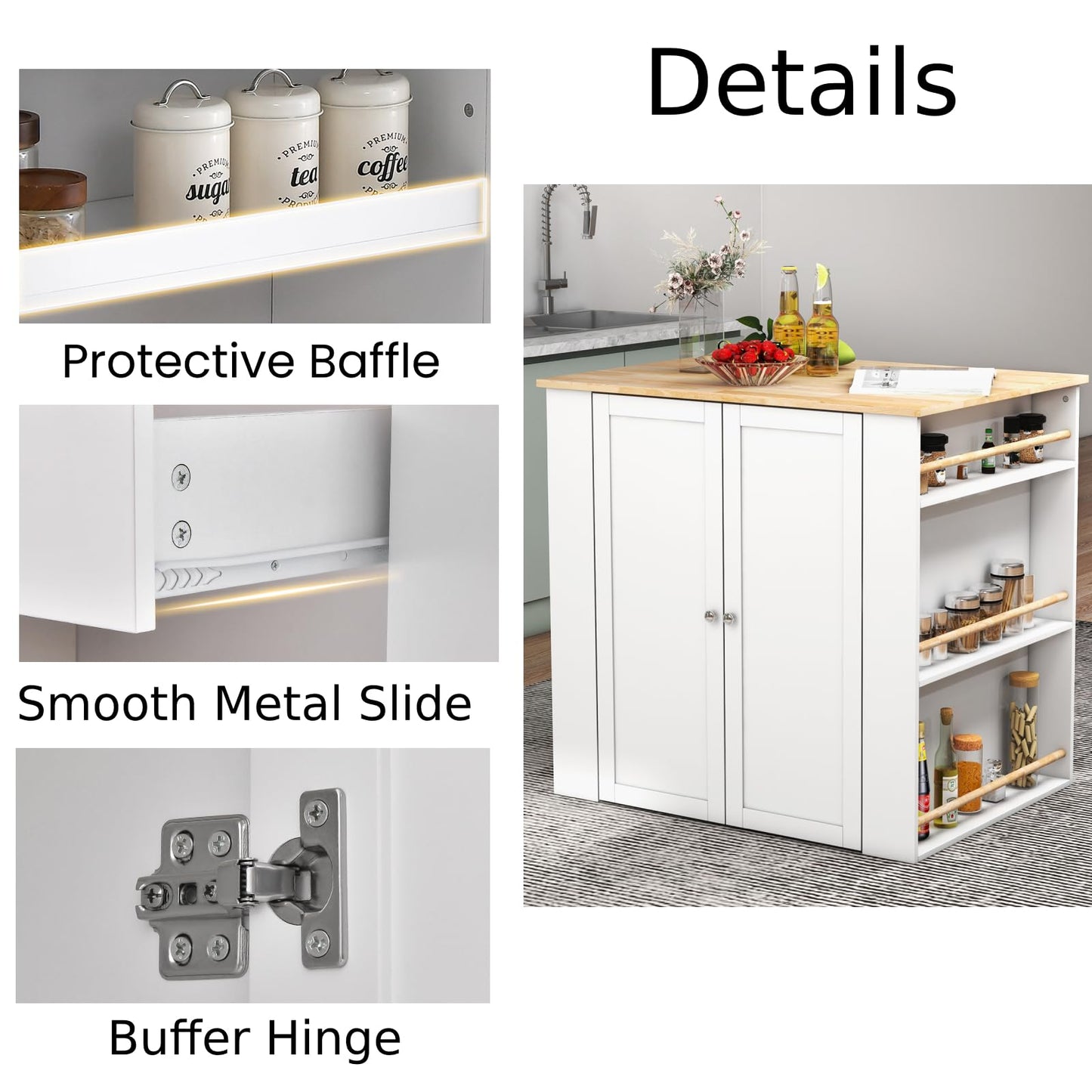 GiantexUK Large Kitchen Island, Buffet Sideboard with Rubber Wood Tabletop, Cabinet, Drawer & Spice Racks