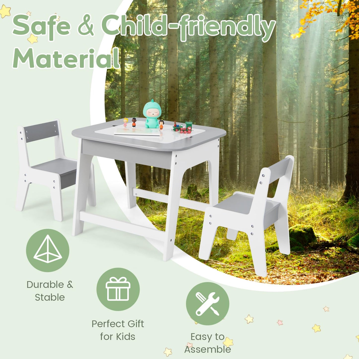 Kids Table and Chairs Set, Wooden Toddler Activity Table Set with Double-Sided Tabletop and Hidden Storage