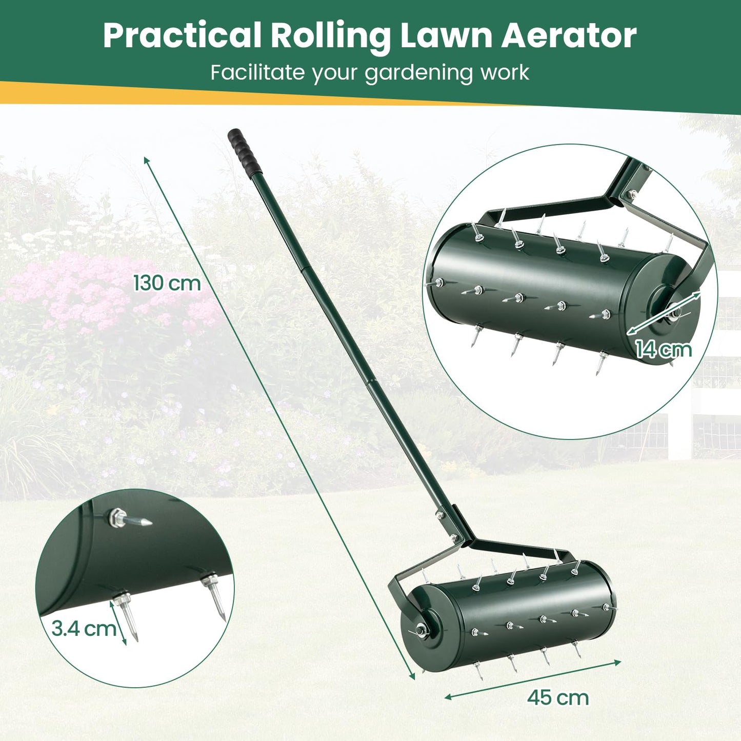 GiantexUK Outdoor Lawn Aerator, Heavy Duty 43/53cm Manual Grass Roller with Sand Filled Drum & 130cm Detachable Handle