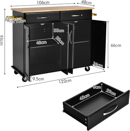 GiantexUK Kitchen Island on Wheels, Rolling Storage Serving Trolley with Rubber Wood Countertop