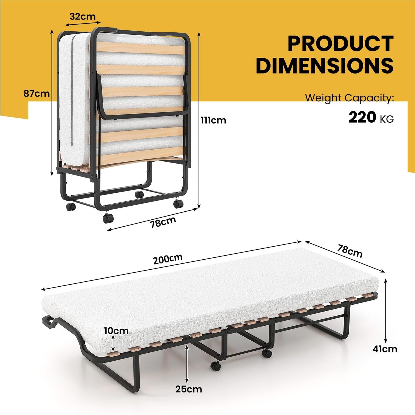 Folding Bed with 10cm Memory Foam Mattress, Portable Metal Frame Guest Bed with Wheels