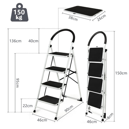 GiantexUK Folding 4 Step Ladder, Steel Stepladder with Anti-Slip Pedal & Reinforced Crossbar (4 Step, 90x46x136cm)