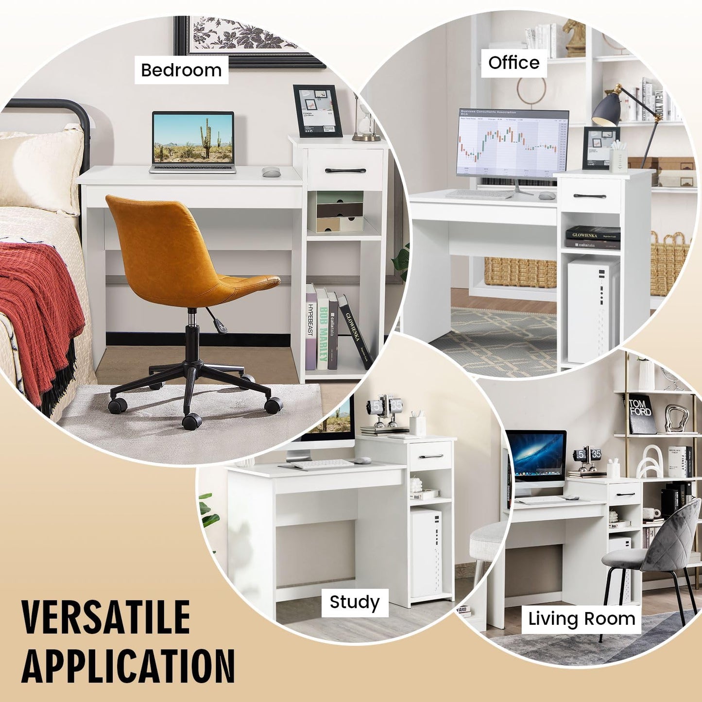 Computer Desk, Modern Writing Desk Compact Study Desk with Drawer & Storage Shelves