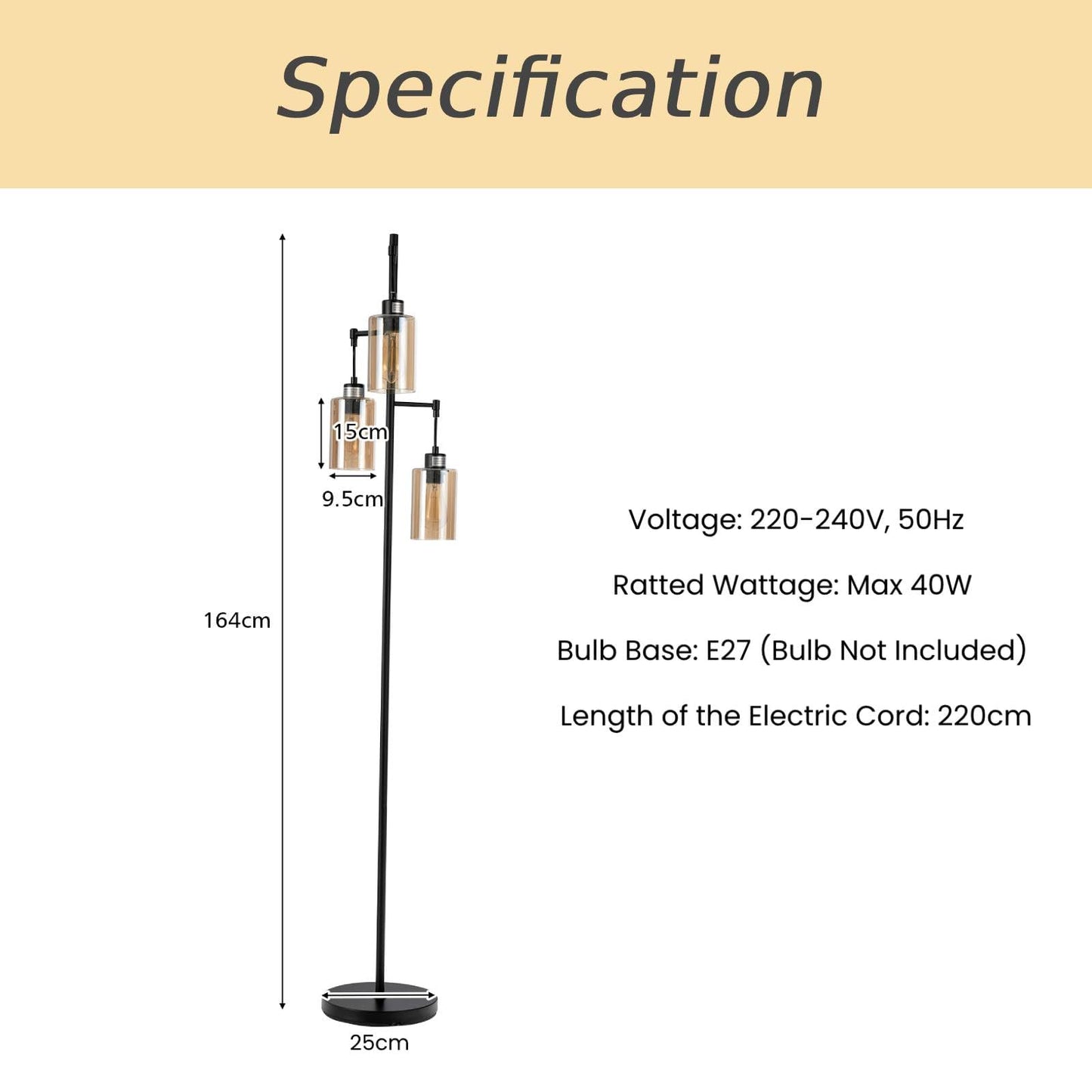 GiantexUK Industrial Floor Lamp, 3-Lights Standing Lamp with Amber Glass Lampshades