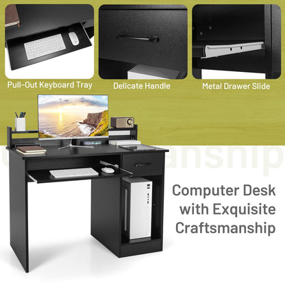 Computer Desk, Wooden PC Laptop Table Writing Workstation with Sliding Keyboard Tray