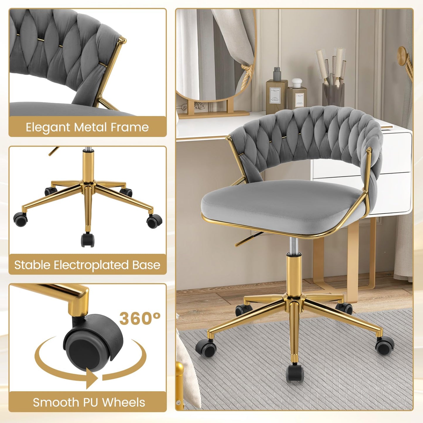 Modern Desk Chair, Height Adjustable Swivel Upholstered Computer Chair Leisure Vanity Seat with Wheels