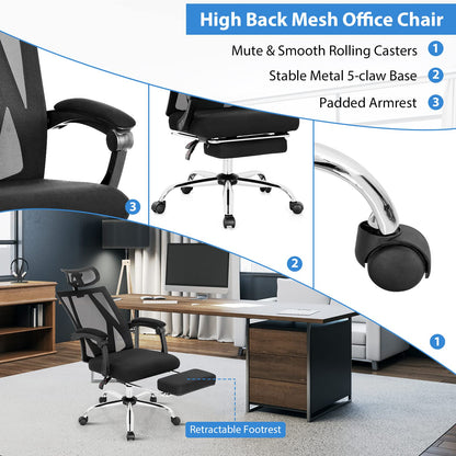 Mesh Office Chair, Ergonomic Swivel Computer Desk Chair with Retractable Footrest