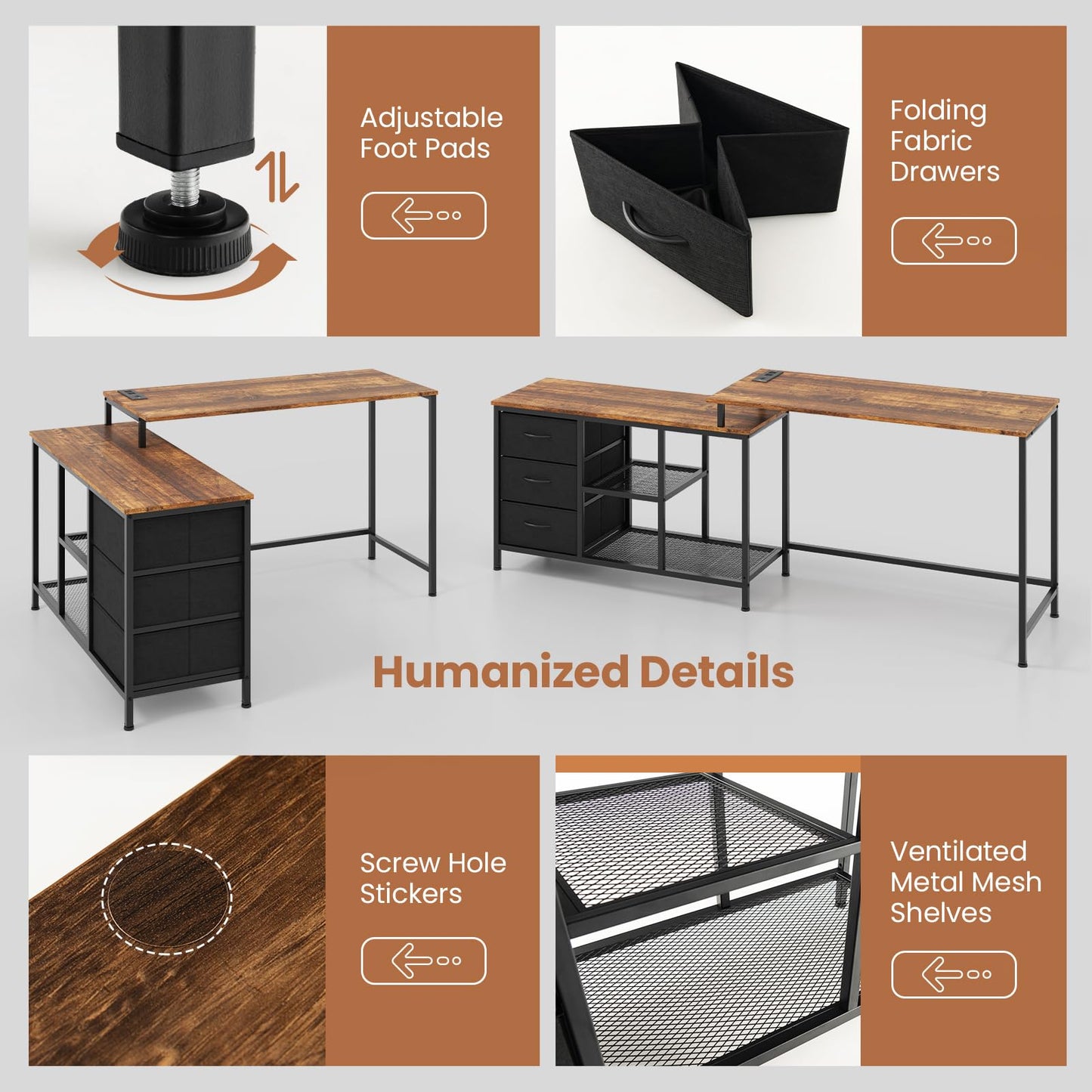 L-Shaped Computer Desk, Convertible Study Writing Workstation with Drawer, Shelves & Charging Station