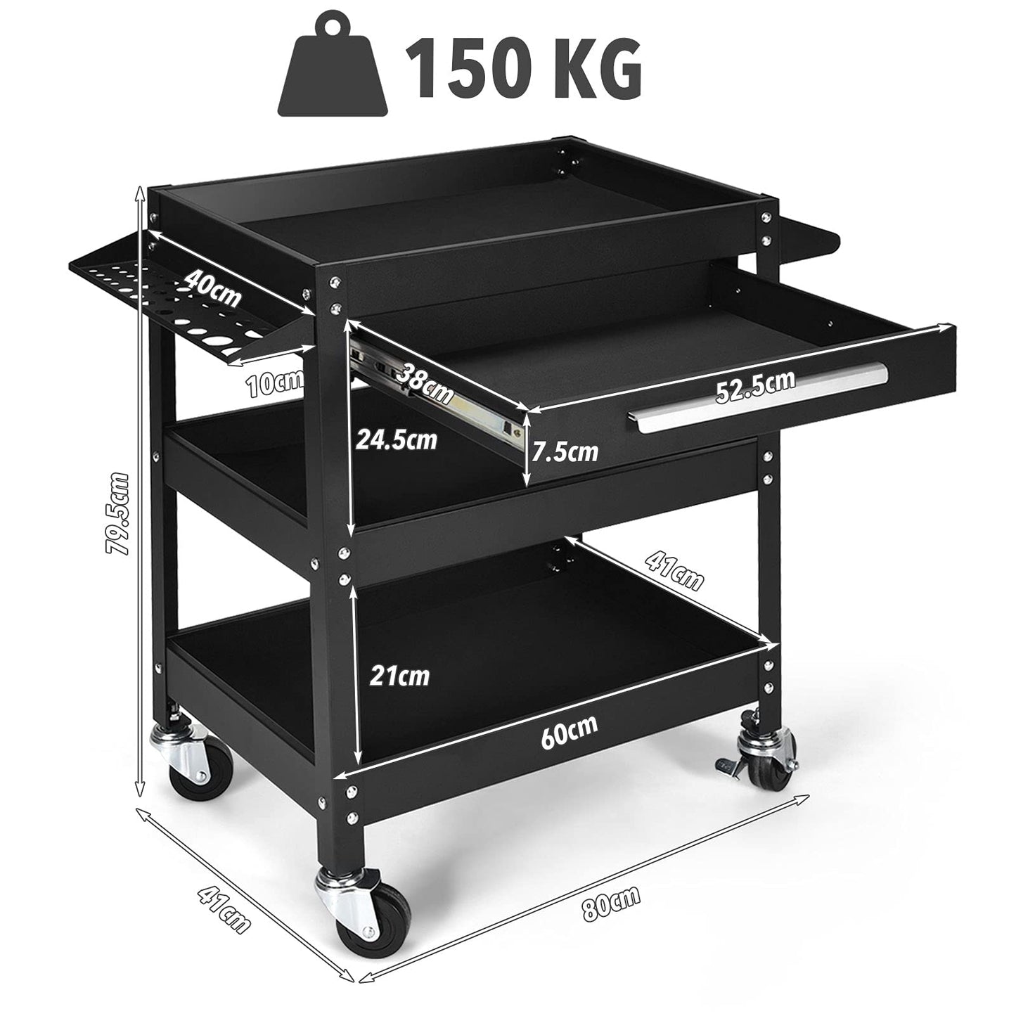 GiantexUK 3-Tier Rolling Tool Cart, Heavy-duty Steel Service Cart on Wheels with Drawer