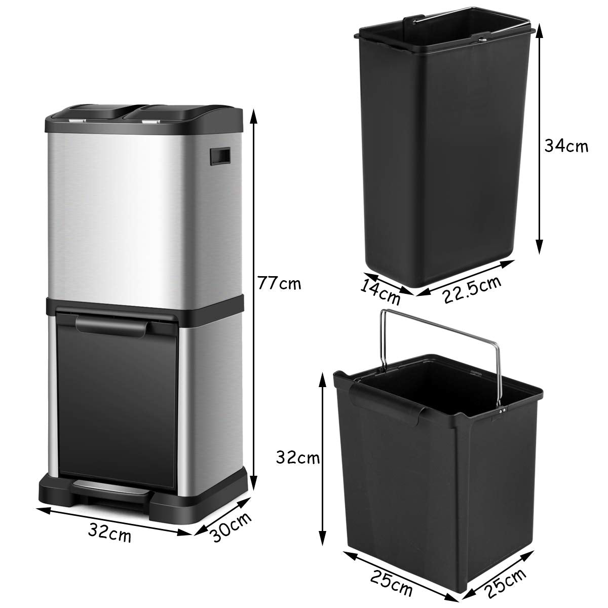 GiantexUK Recycling Pedal Bin, 32L Kitchen Trash Can with Lids, 3 Removable Compartments